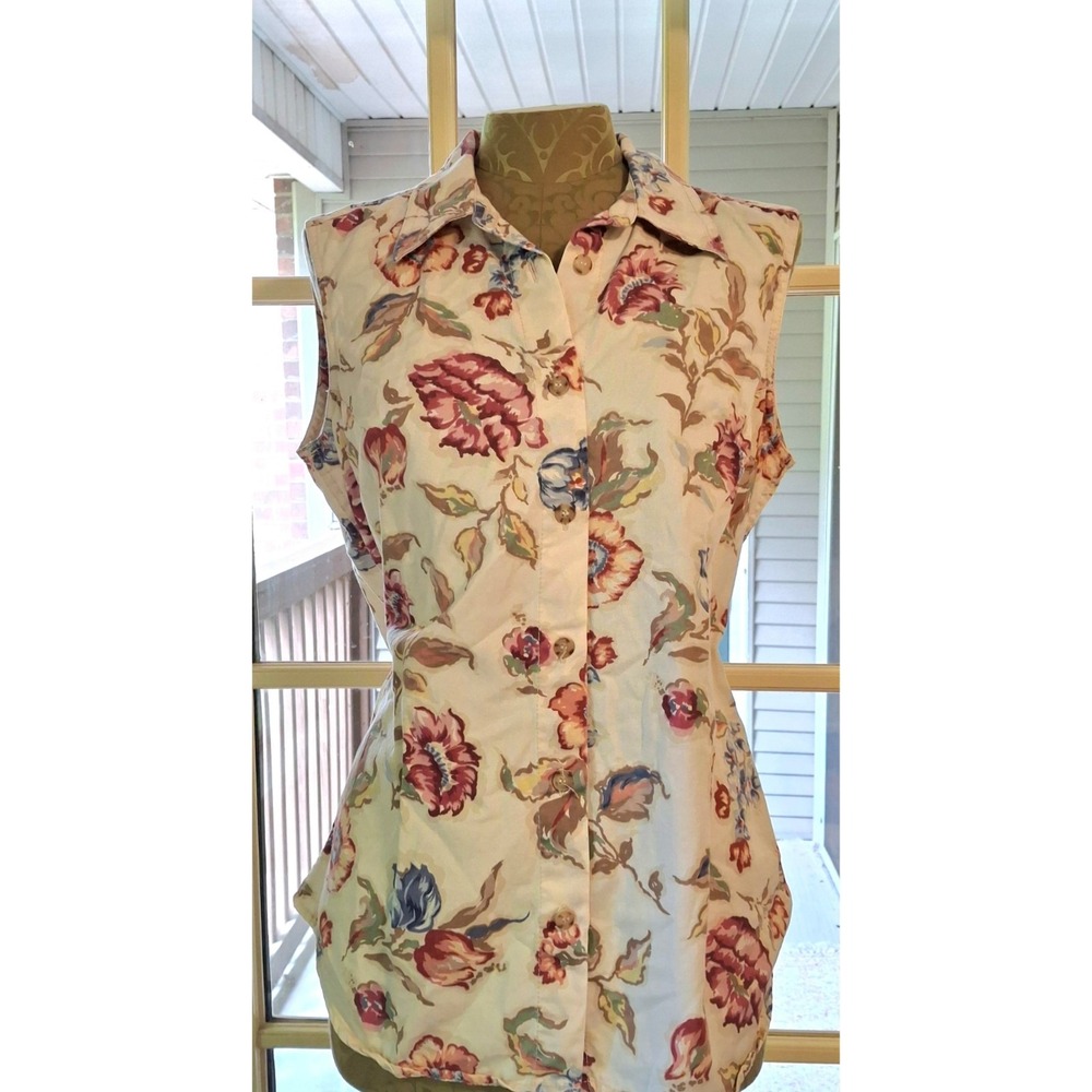 Vintage 90s Lizwear Sleeveless Button-up Floral Cotton Blouse Sz 10 Cottagecore
